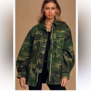 Free People Seize the Day Green Black Camouflage Print Utility Jacket Sz Small